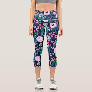 Pink Navy Blue Floral Bouquet Wasserfarben Muster Capri Leggings