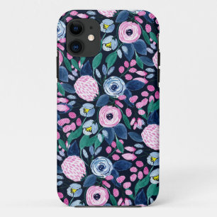 Pink Navy Blue Floral Bouquet Wasserfarben Muster Case-Mate iPhone Hülle