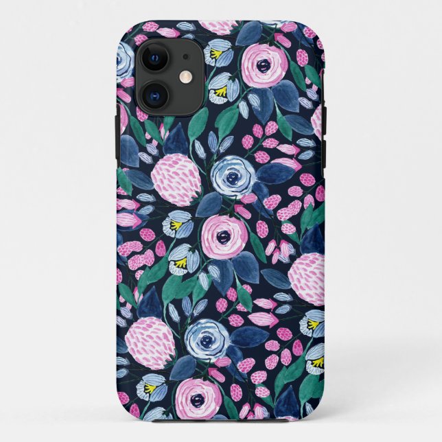Pink Navy Blue Floral Bouquet Wasserfarben Muster Case-Mate iPhone Hülle (Rückseite)