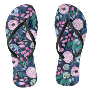Pink Navy Blue Floral Bouquet Wasserfarben Muster Flip Flops