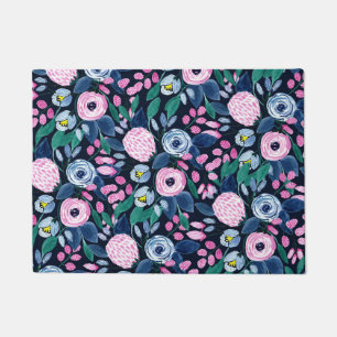 Pink Navy Blue Floral Bouquet Wasserfarben Muster Fußmatte
