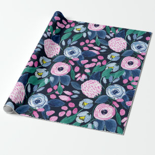 Pink Navy Blue Floral Bouquet Wasserfarben Muster Geschenkpapier