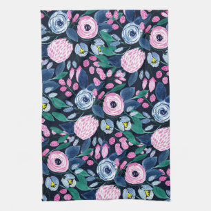 Pink Navy Blue Floral Bouquet Wasserfarben Muster Geschirrtuch