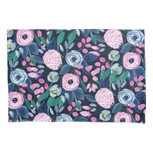 Pink Navy Blue Floral Bouquet Wasserfarben Muster Kissenbezug