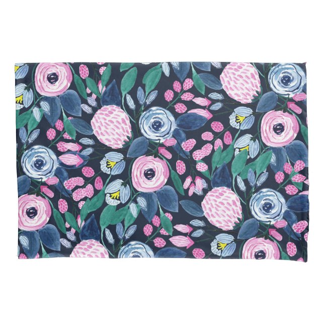 Pink Navy Blue Floral Bouquet Wasserfarben Muster Kissenbezug (Vorderseite)