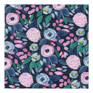Pink Navy Blue Floral Bouquet Wasserfarben Muster Künstlicher Leinwanddruck