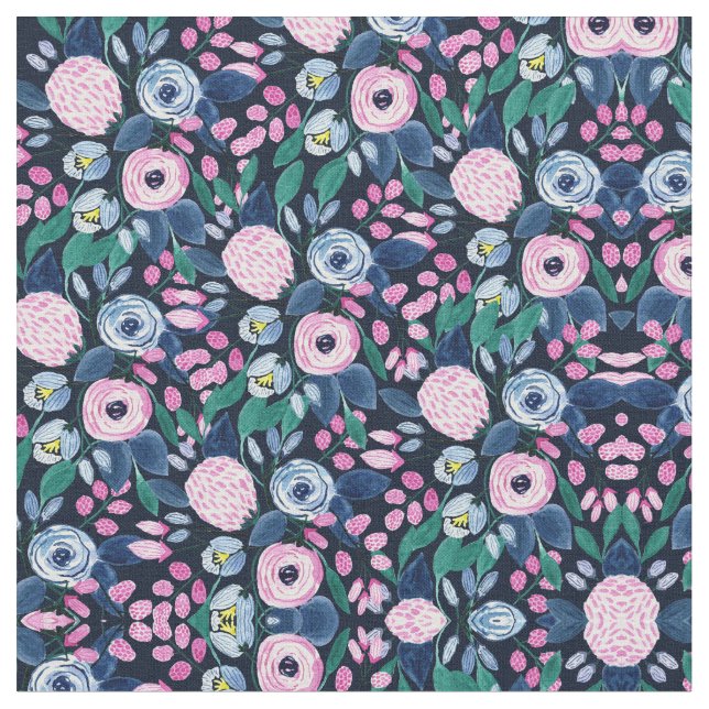 Pink Navy Blue Floral Bouquet Wasserfarben Muster Stoff (Nahaufnahme)