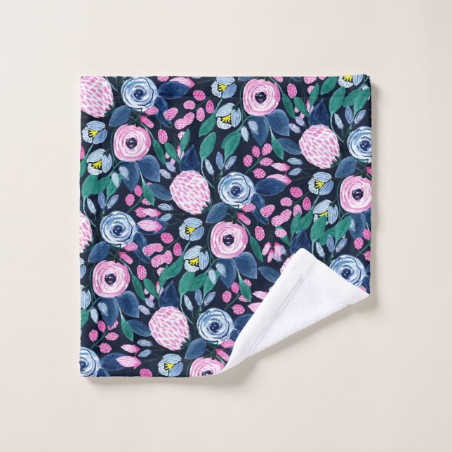 Pink Navy Blue Floral Bouquet Wasserfarben Muster Waschlappen (Waschlappen)