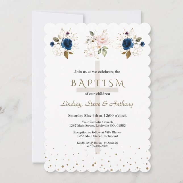 Pink Navy Blue Floral Gold Triplets Baptism   Einladung (Vorderseite)