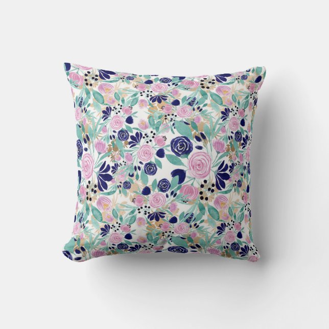 Pink Navy Blue Gold Watercolor Blume Muster Kissen (Vorderseite)