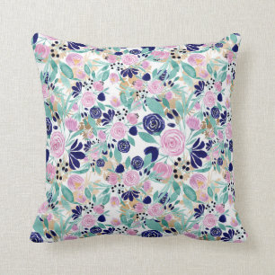 Pink Navy Blue Gold Watercolor Blume Muster Kissen