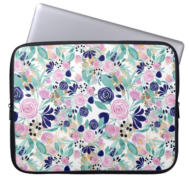 Pink Navy Blue Gold Watercolor Blume Muster Laptopschutzhülle (Vorderseite)