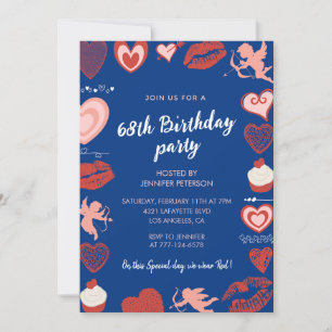 Pink Navy Blue Hearts zum 68. Geburtstag Einladung