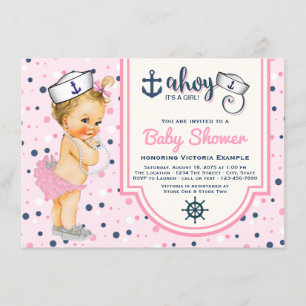 Pink Navy Blue Nautical Baby Dusche Einladung