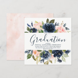 Pink Navy Blue Watercolor Blume Graduation Party Einladung