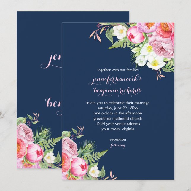 Pink Navy Blue Watercolor Blume Hochzeiten Einladung (Vorne/Hinten)
