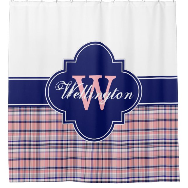 Pink Navy Blue White Madras Kariert 1ICBR Name Duschvorhang (Vorderseite)