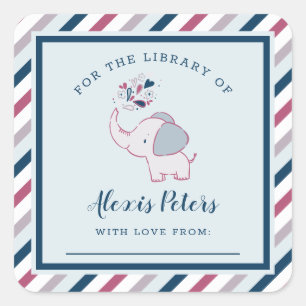 Pink & Navy Elephant Baby Shower Library Buchzeich Quadratischer Aufkleber