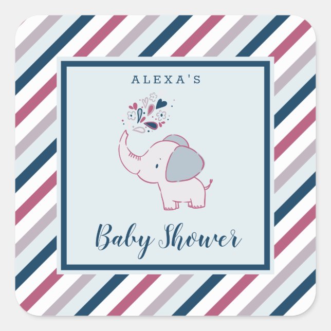 Pink & Navy Elephant & Stripes Baby Dusche Gefalle Quadratischer Aufkleber (Vorderseite)