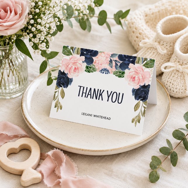 Pink Navy Floral Wasserfarbe Danke Karte (Show appreciation in elegant style with this navy blue and blush pink floral bridal shower thank you)