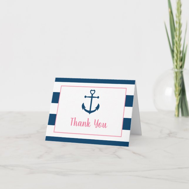 Pink Navy Girl Nautical Anchor Baby Shower Dankeskarte (Vorderseite)