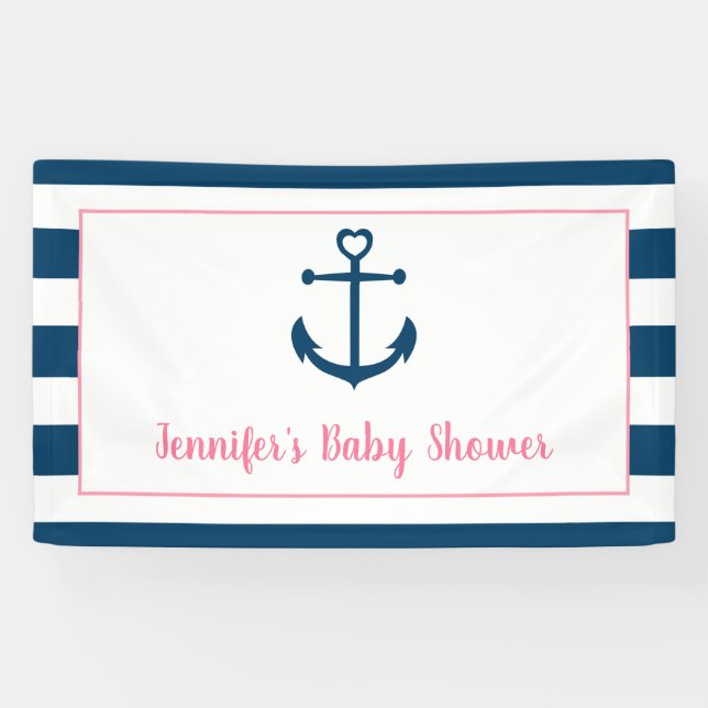Pink Navy Girl Nautical Anchor Kinderdusche Banner (Horizontal)