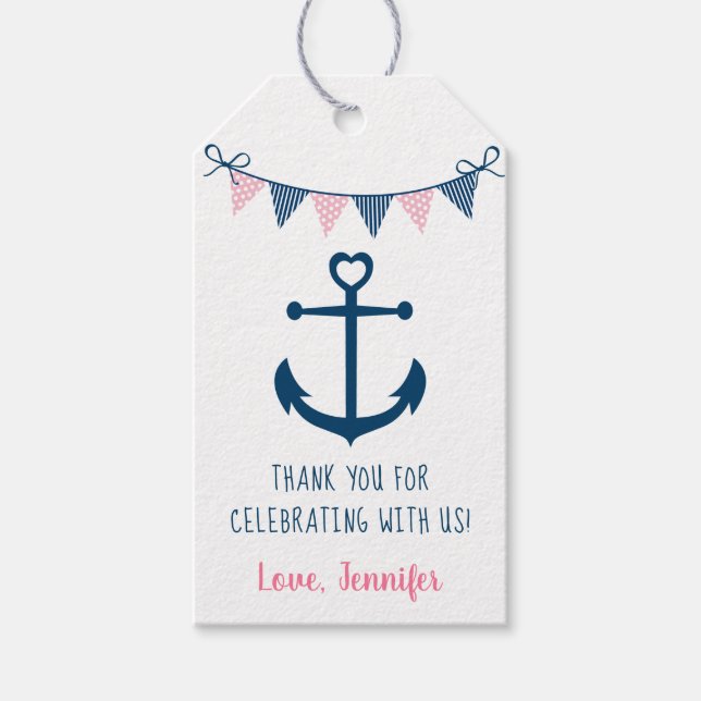 Pink Navy Girl Nautical Anchor Kinderdusche Geschenkanhänger (Vorderseite)