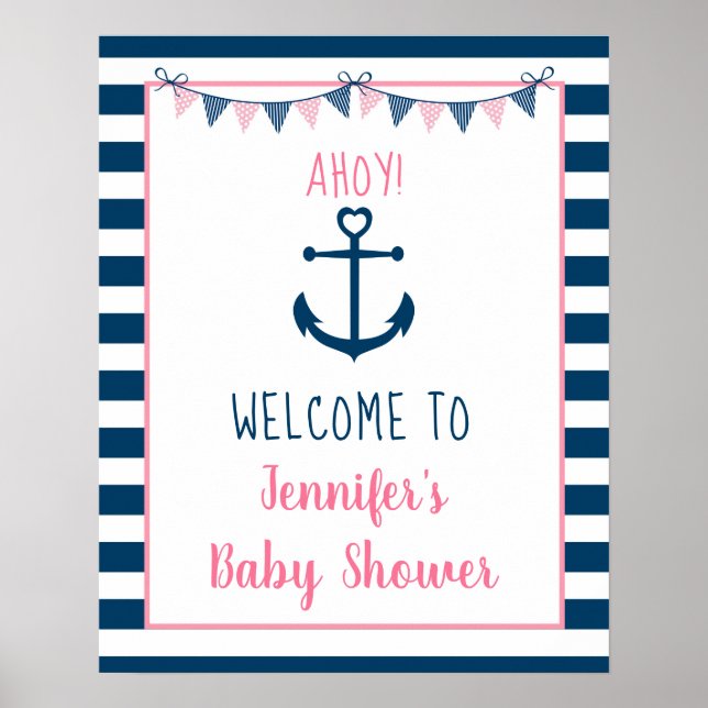 Pink Navy Girl Nautical Anchor Kinderdusche Willko Poster (Vorne)