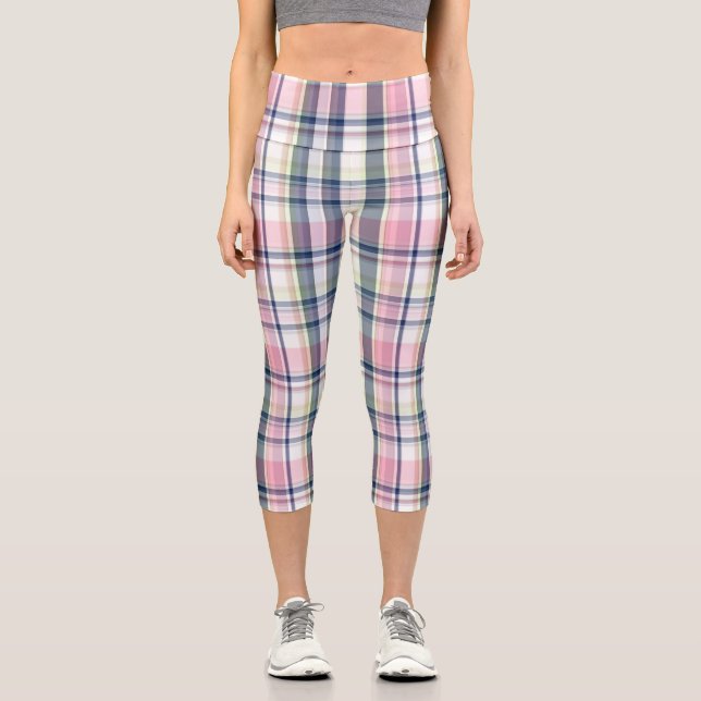 Pink Navy Green White Preppy Madras #3 Capri Leggings (Vorderseite)