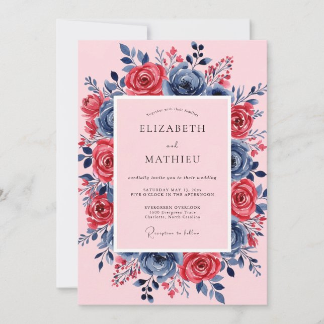 Pink Navy Lush Spring Wedding Einladung (Vorderseite)