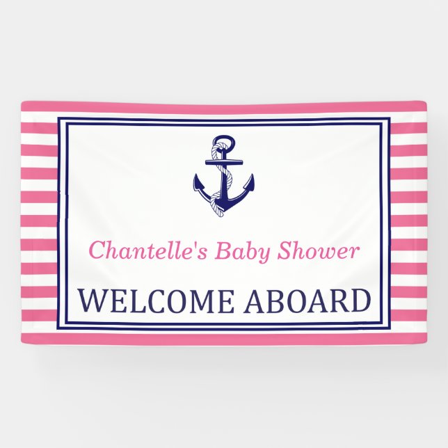 Pink Navy Nautical, Welcome Aboard, Sign - Banner (Horizontal)