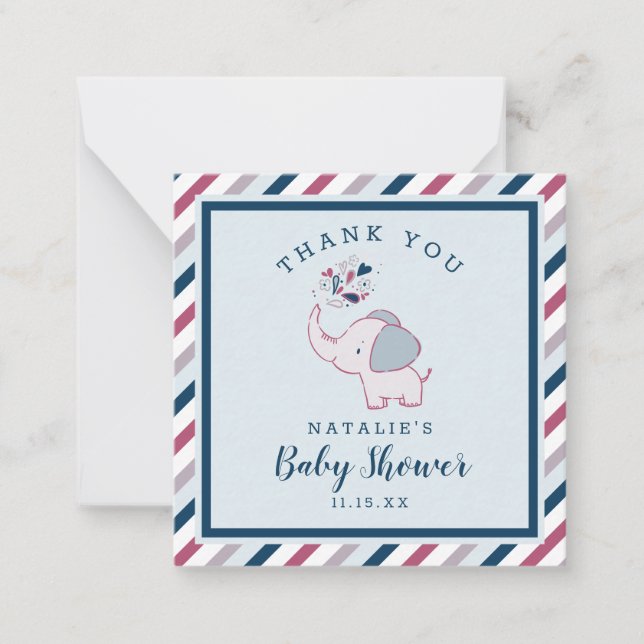 Pink & Navy Niedlich Elephant Baby Dusche Vielen D Mitteilungskarte (Vorderseite)