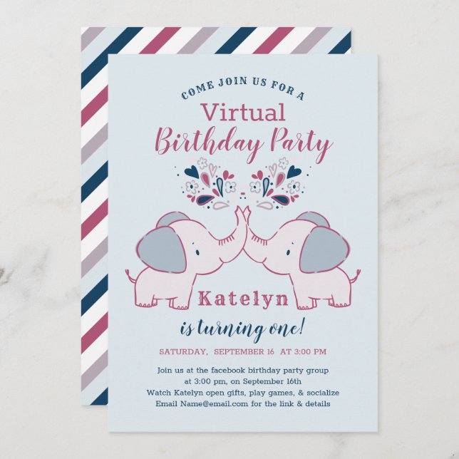 Pink & Navy Niedlich Elephant Virtual Birthday Par Einladung (Vorne/Hinten)