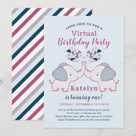 Pink & Navy Niedlich Elephant Virtual Birthday Par Einladung