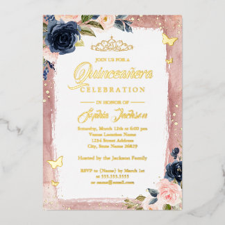 Pink Navy Quinceanera Floral Sparkle Tiara Foil Folieneinladung