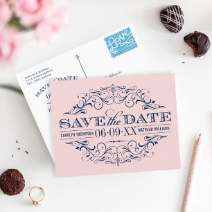 Pink Navy Schnörkelwerk Save-the-Date Ankündigungspostkarte