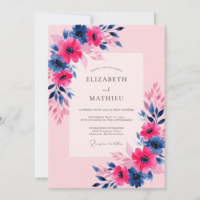 Pink Navy Vibrant Spring Wedding Einladung (Vorderseite)