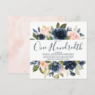 Pink Navy Wasserfarbe Blume 100. Geburtstagsparty Einladung