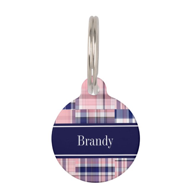 Pink Navy Welpe Patchwork Madras N Monogram Tiernamensmarke (Vorderseite)