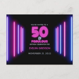 Pink Neon 50 & Fabulous 50. Geburtstagsparty Einladungspostkarte