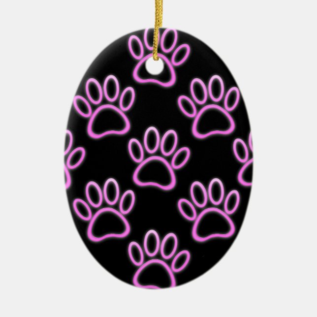 Pink Neon Dog Paw Print Keramikornament (Vorne)