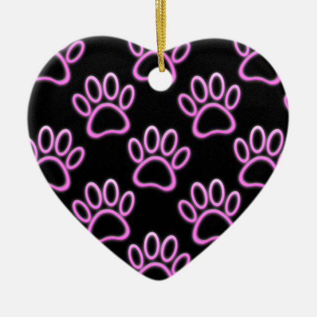 Pink Neon Dog Paw Print Keramikornament (Vorne)