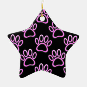 Pink Neon Dog Paw Print Keramikornament