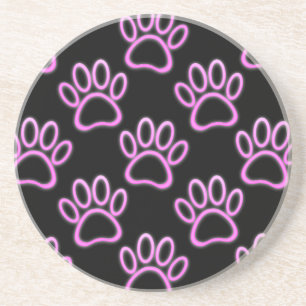 Pink Neon Dog Paw Print Sandstein Untersetzer