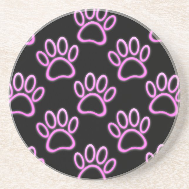 Pink Neon Dog Paw Print Sandstein Untersetzer (Vorne)
