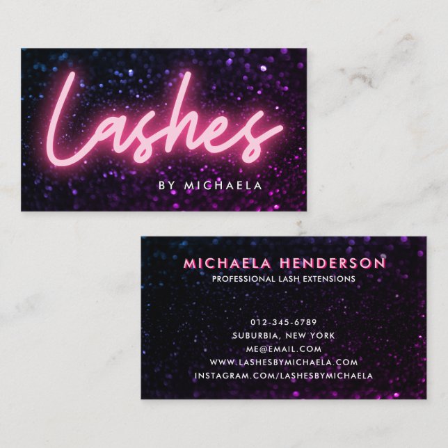 Pink Neon & Glitzer Lash Extensions Visitenkarte (Vorne/Hinten)
