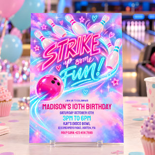 Pink Neon Glow Bowling Geburtstagsfeier Einladung
