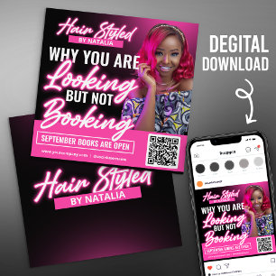 Pink Neon Hair Salon Social Media Post Flyer Card Einladung