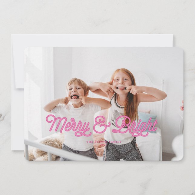 Pink Neon Merry & Bright Christmas Card Einladung (Vorderseite)