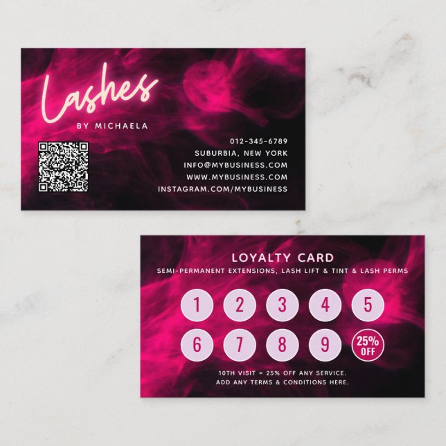 Pink Neon & Smoke Lash Salon QR Code Loyalty Card Visitenkarte (Vorne/Hinten)